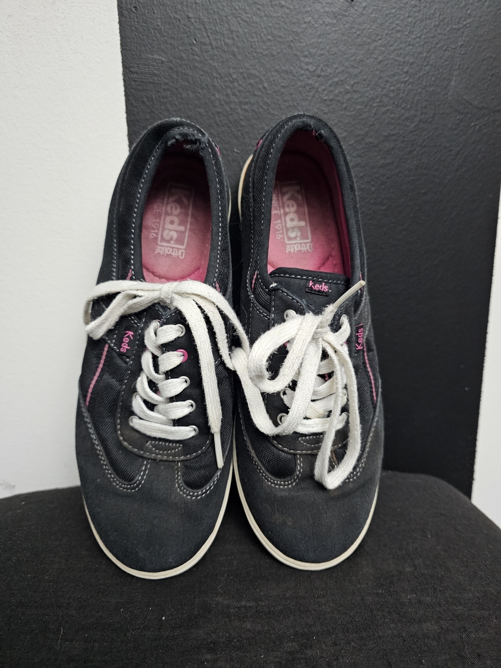 Keds Women’s Black Canvas Sneakers with Pink Accents